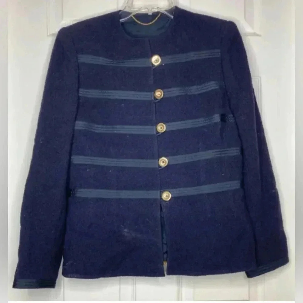 Woman Navy Blue Wool Silk Line Chain Weighted Button Front Jacket Sz 8 42 France